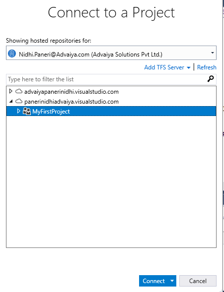 Figure 2 Connecting to VSTS - Add account and select team project