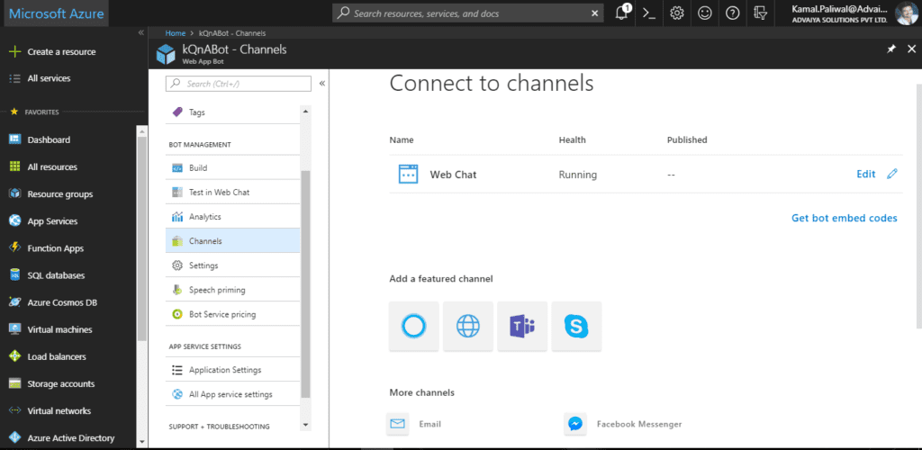 Azure chatbot Channels
